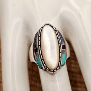 Vintage Sterling Silver Navajo Style Inlay Ring Mother Of Pearl Turquoise Size 8